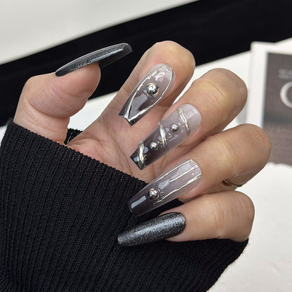 3D Swirl Coffin Black Ombre Nails