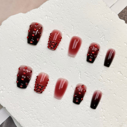 Rhinestone Coffin Red Ombre Nails