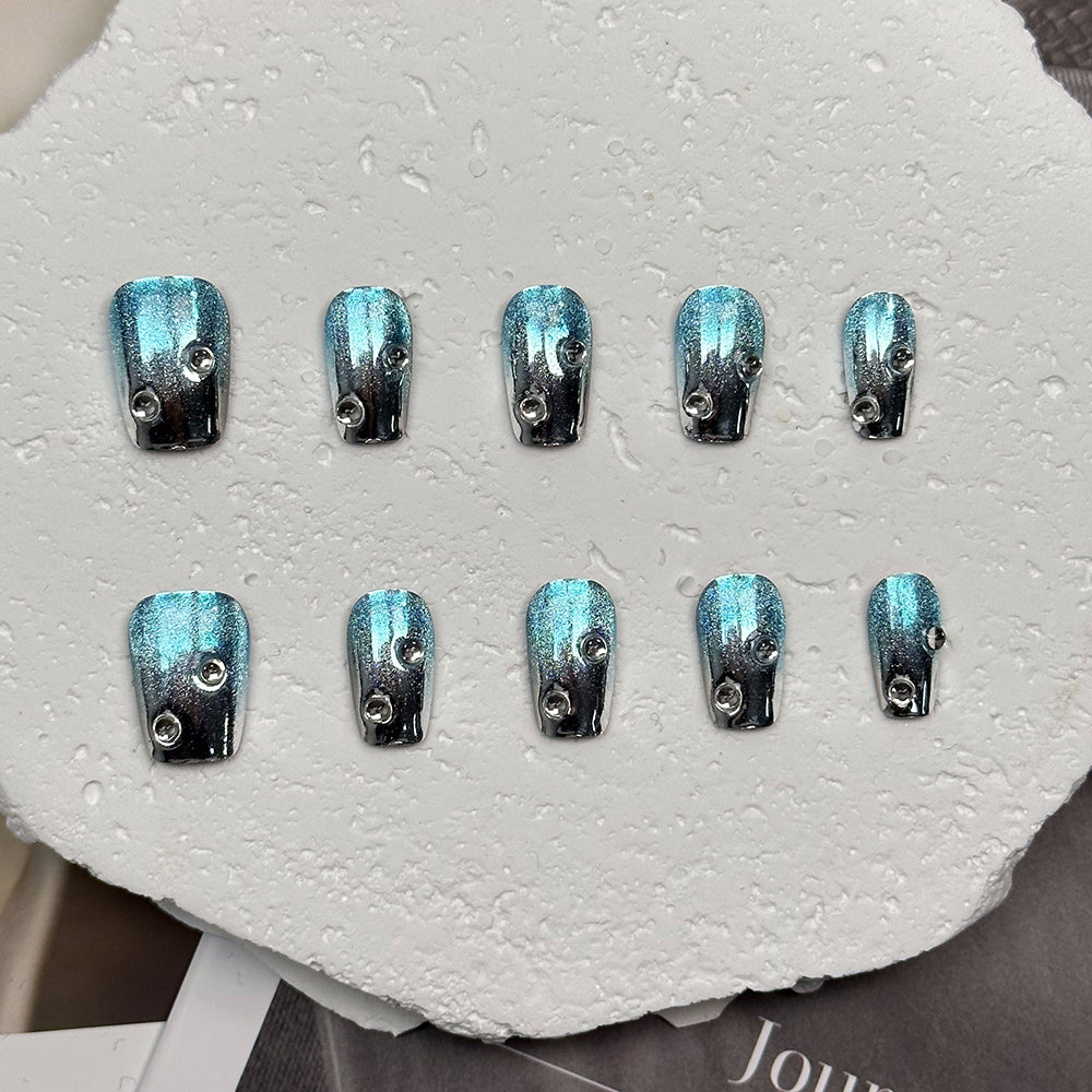 Metalic Rhinestone Coffin Blue Ombre Nails