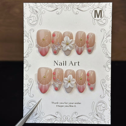 3D Flower French Almond Pink Ombre Nails