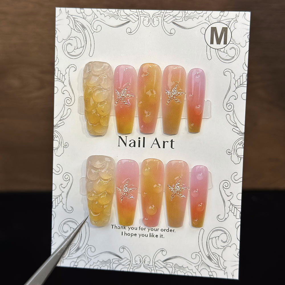 Mermaid 3D Scales Coffin Ochre Ombre Nails