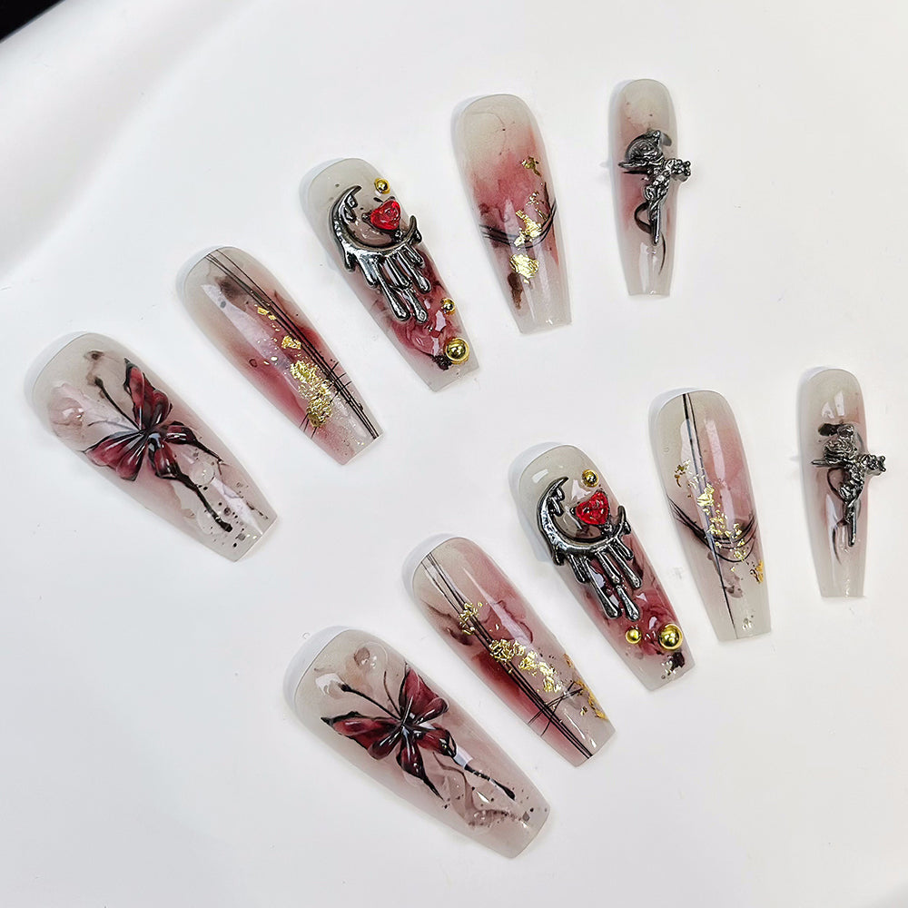 Butterfly Gold Foil Coffin Red Ombre Nails