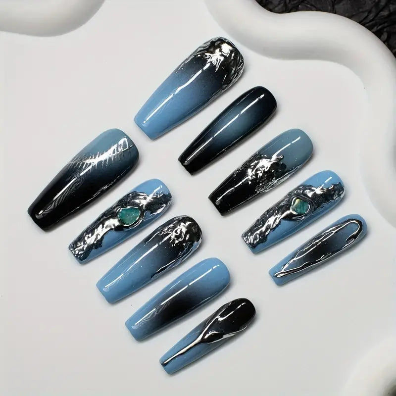 Liquid Metal Coffin Blue Ombre Nails