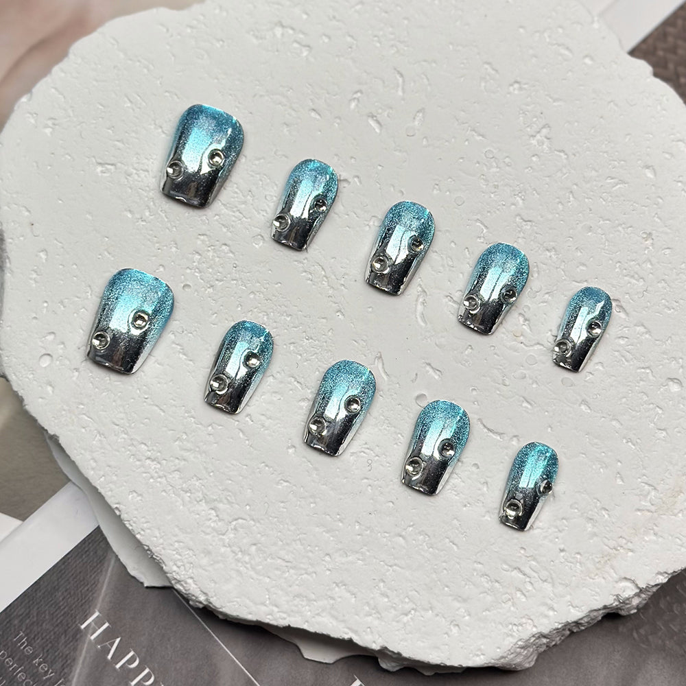 Metalic Rhinestone Coffin Blue Ombre Nails