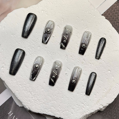 3D Swirl Coffin Black Ombre Nails