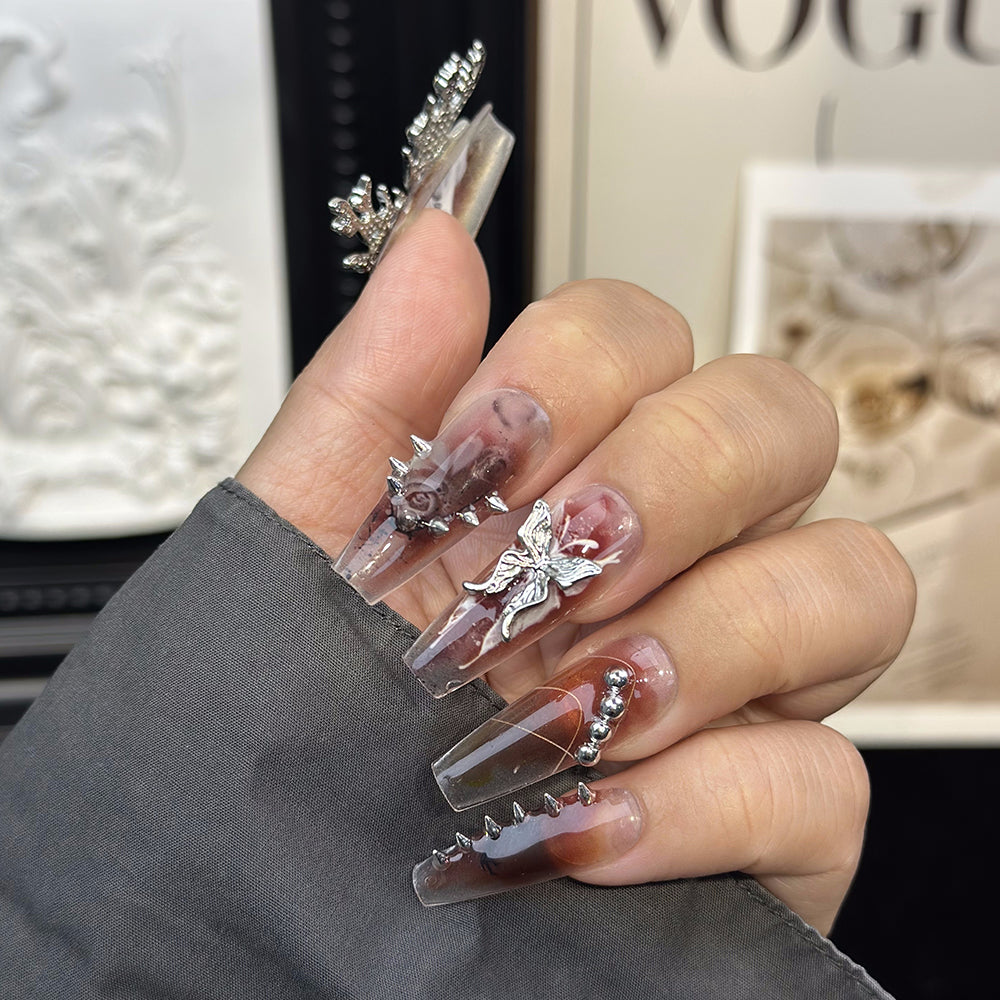 3D Butterfly Clear Coffin Brown Ombre Nails