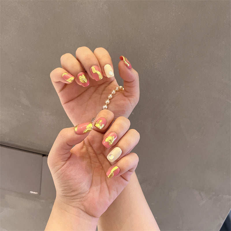 Rose Pink Nails Metallic Gold Round Square