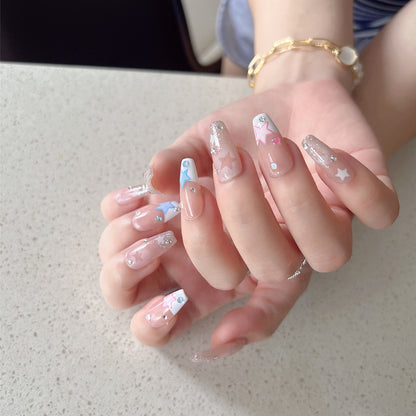 Light Pink Coffin Nails With Glitter Star Art