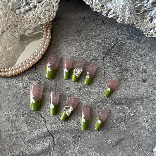 Olive Green French Tip Nails Diamond Summer