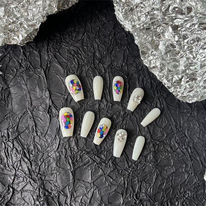 White Coffin Nail Design Diamond Press on