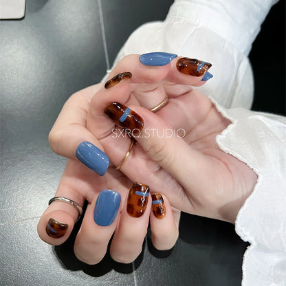 Dusty Blue Nails Art Tortoiseshell Elegant