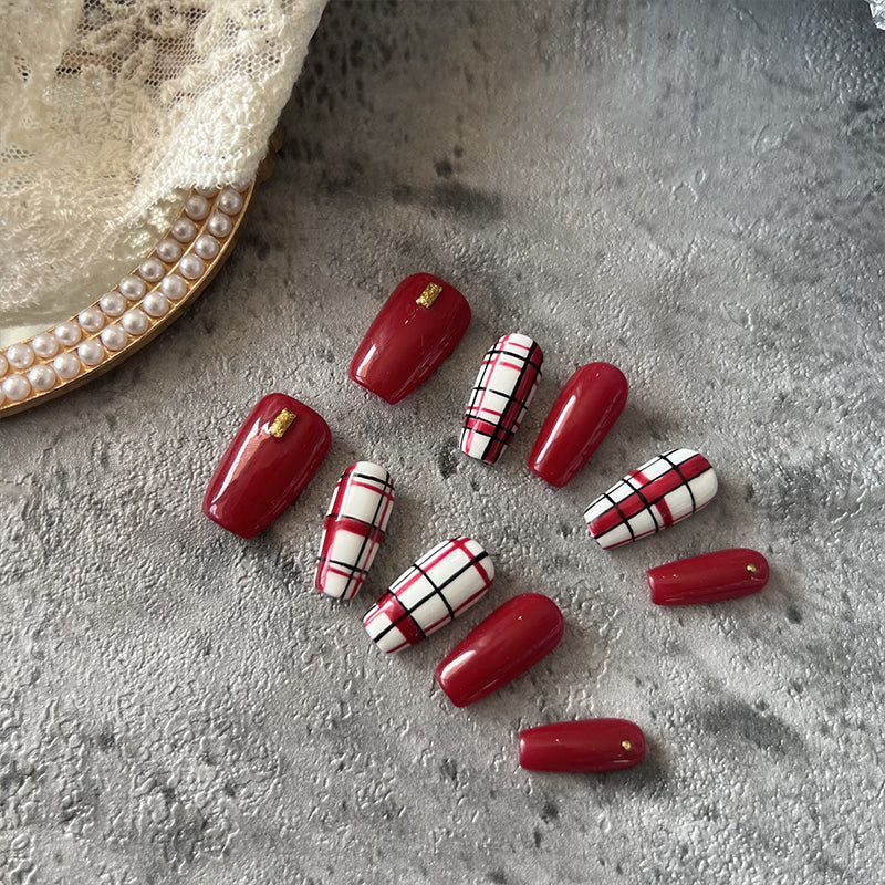 Red Plaid Nails Christmas Coffin Press On