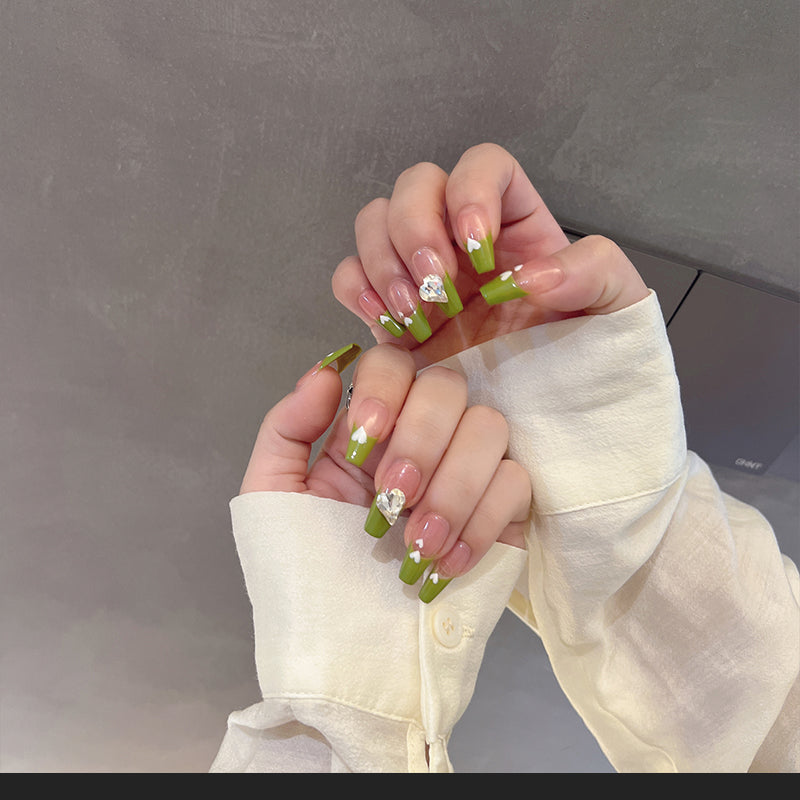 Olive Green French Tip Nails Diamond Summer