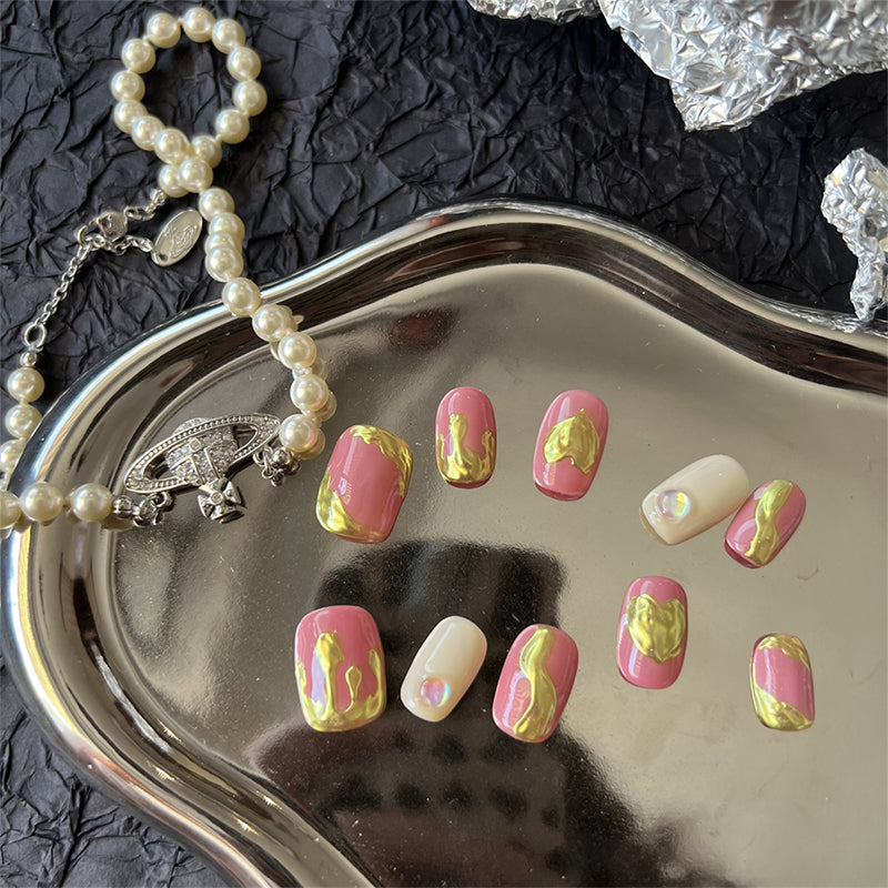 Rose Pink Nails Metallic Gold Round Square