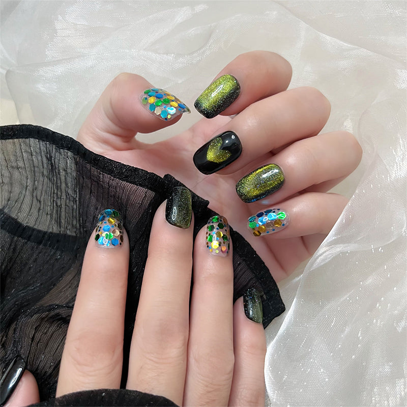 Galaxy Cat Eye Nails Sequin  Round Square Designs