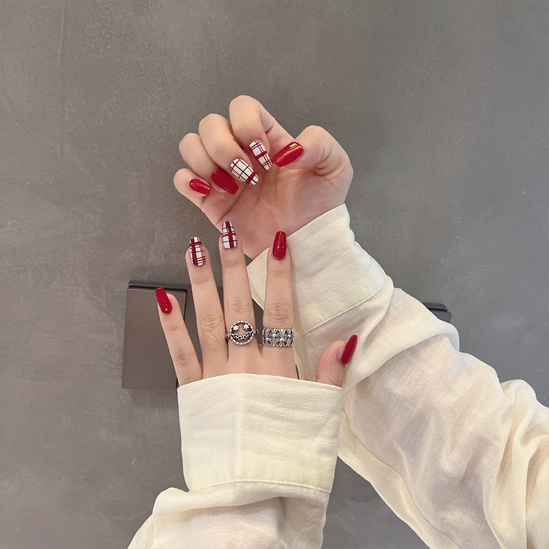 Red Plaid Nails Christmas Coffin Press On