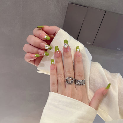 Olive Green French Tip Nails Diamond Summer