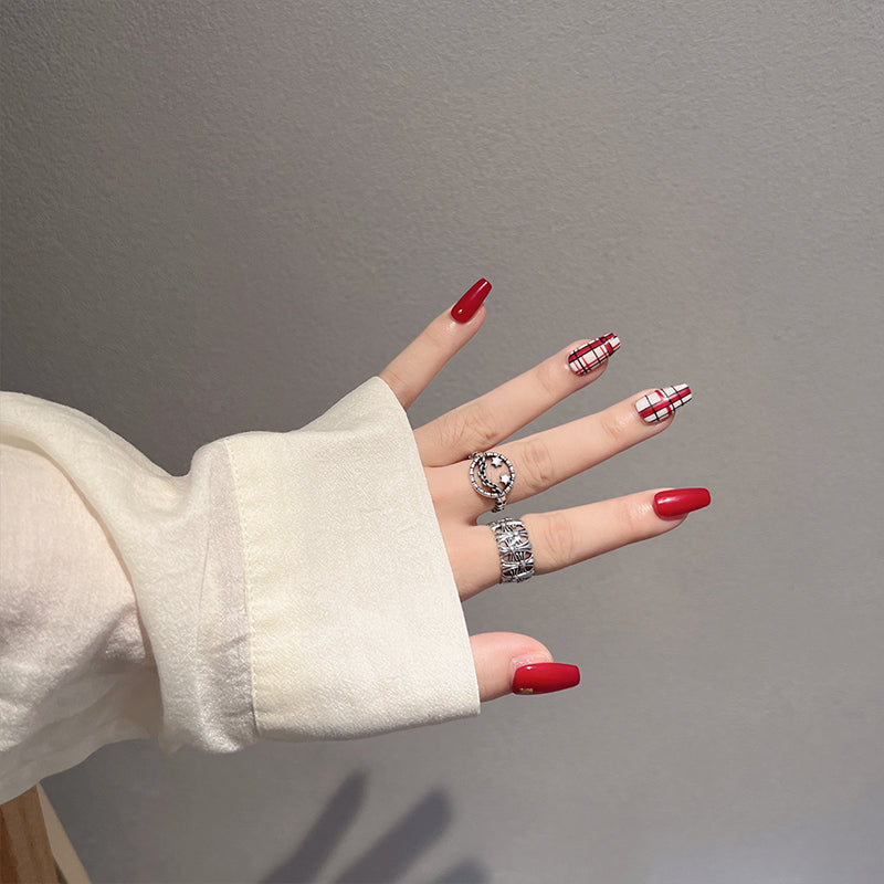 Red Plaid Nails Christmas Coffin Press On