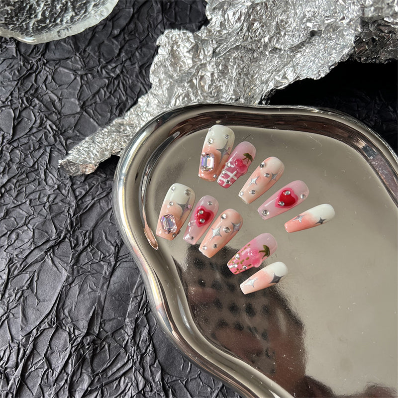 Pink Cherry Nails Ombre Rhinestone Coffin