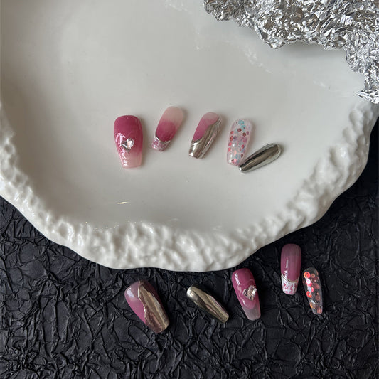 Coffin Pink Acrylic Nails Sparkle Chrome Art