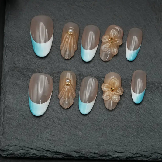 Beach French Flower Almond Blue Ombre Nails