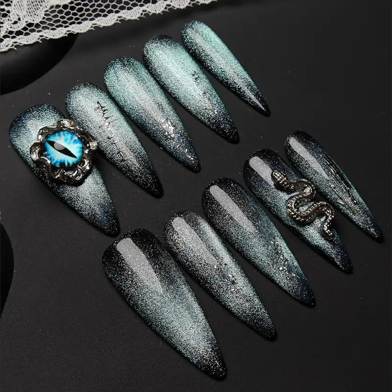 3D Evil Cat Eye Stiletto Blue Ombre Nails