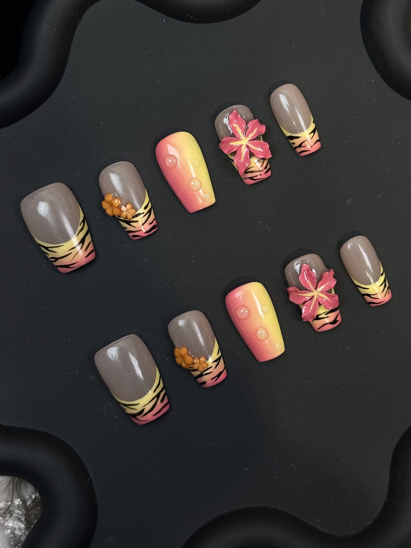 Tiger French Flower Coffin Pink Ombre Nails