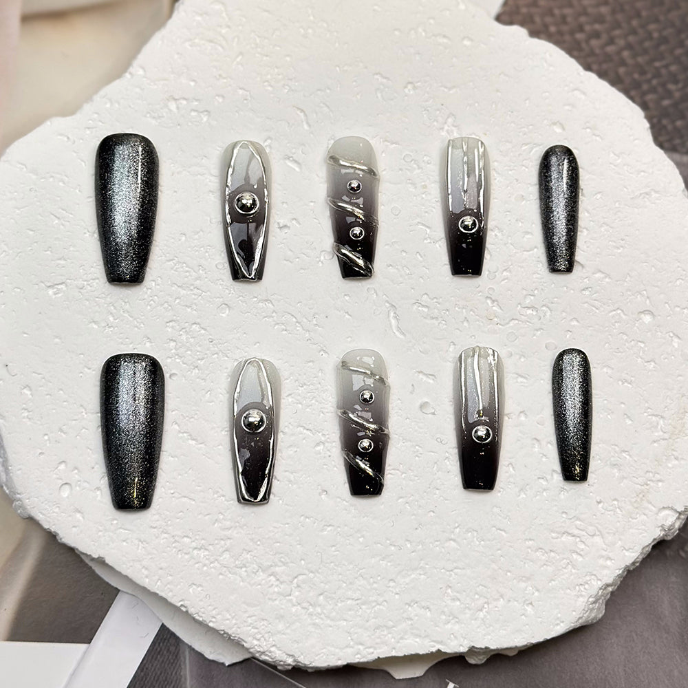 3D Swirl Coffin Black Ombre Nails