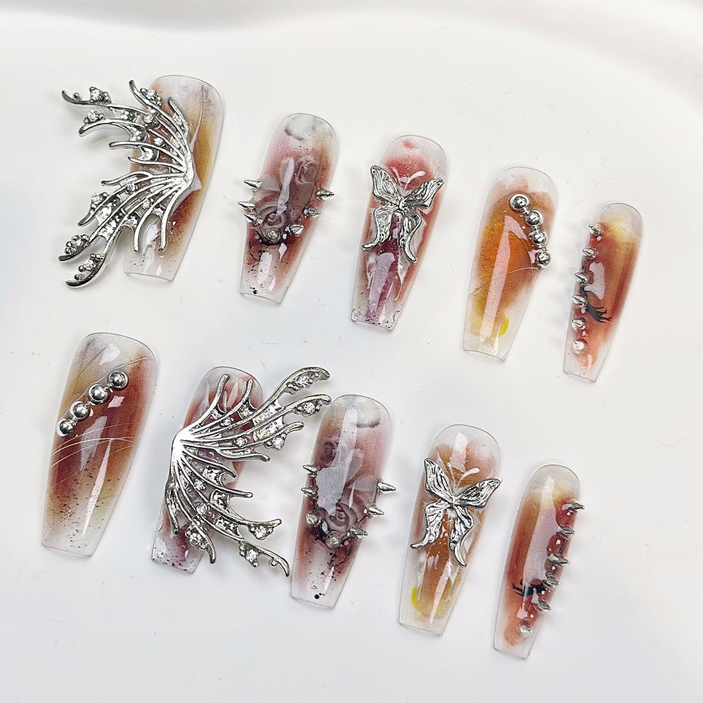 3D Butterfly Clear Coffin Brown Ombre Nails