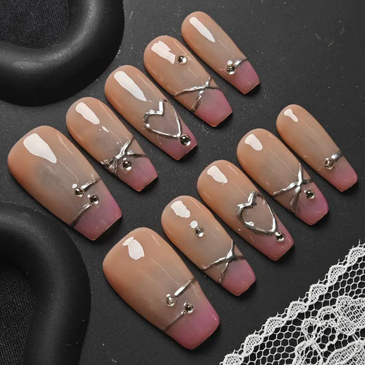 Heart Line Coffin Nude Ombre Nails