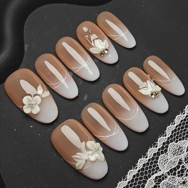 3D Flower Oval Nude Ombre Nails