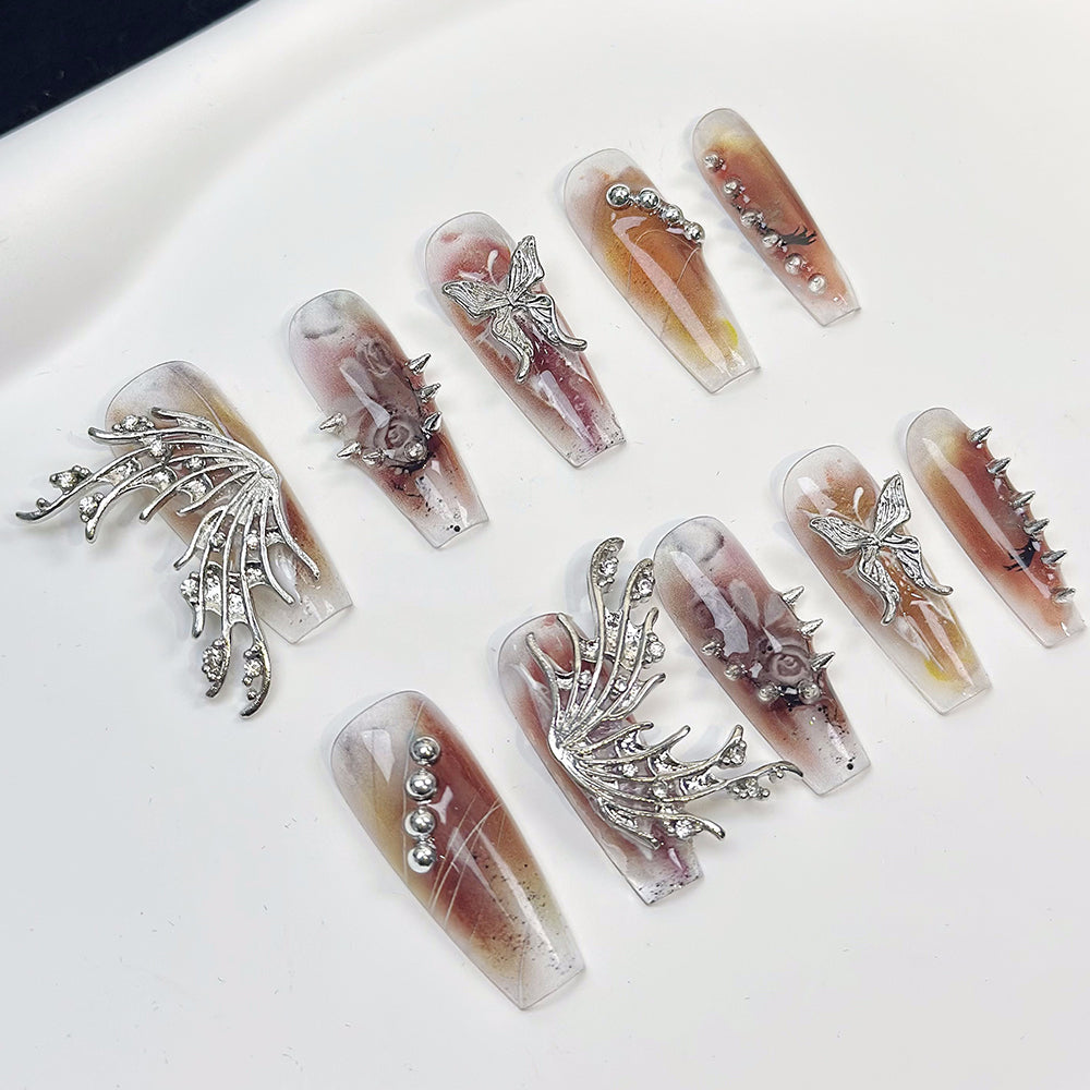 3D Butterfly Clear Coffin Brown Ombre Nails