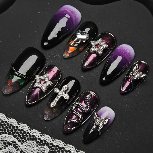 3D Goth Star Almond Purple Ombre Nails