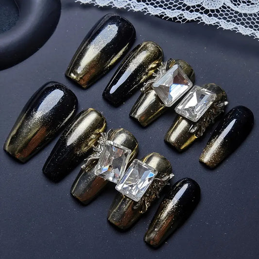 Gem Butterfly Coffin Black Ombre Nails