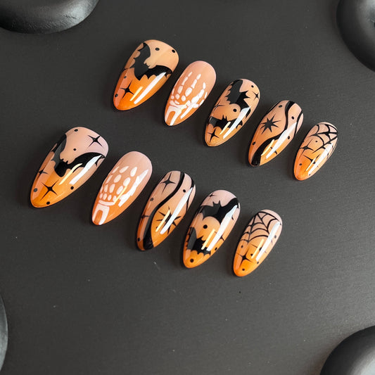 Bat Halloween Star Almond Orange Ombre Nails