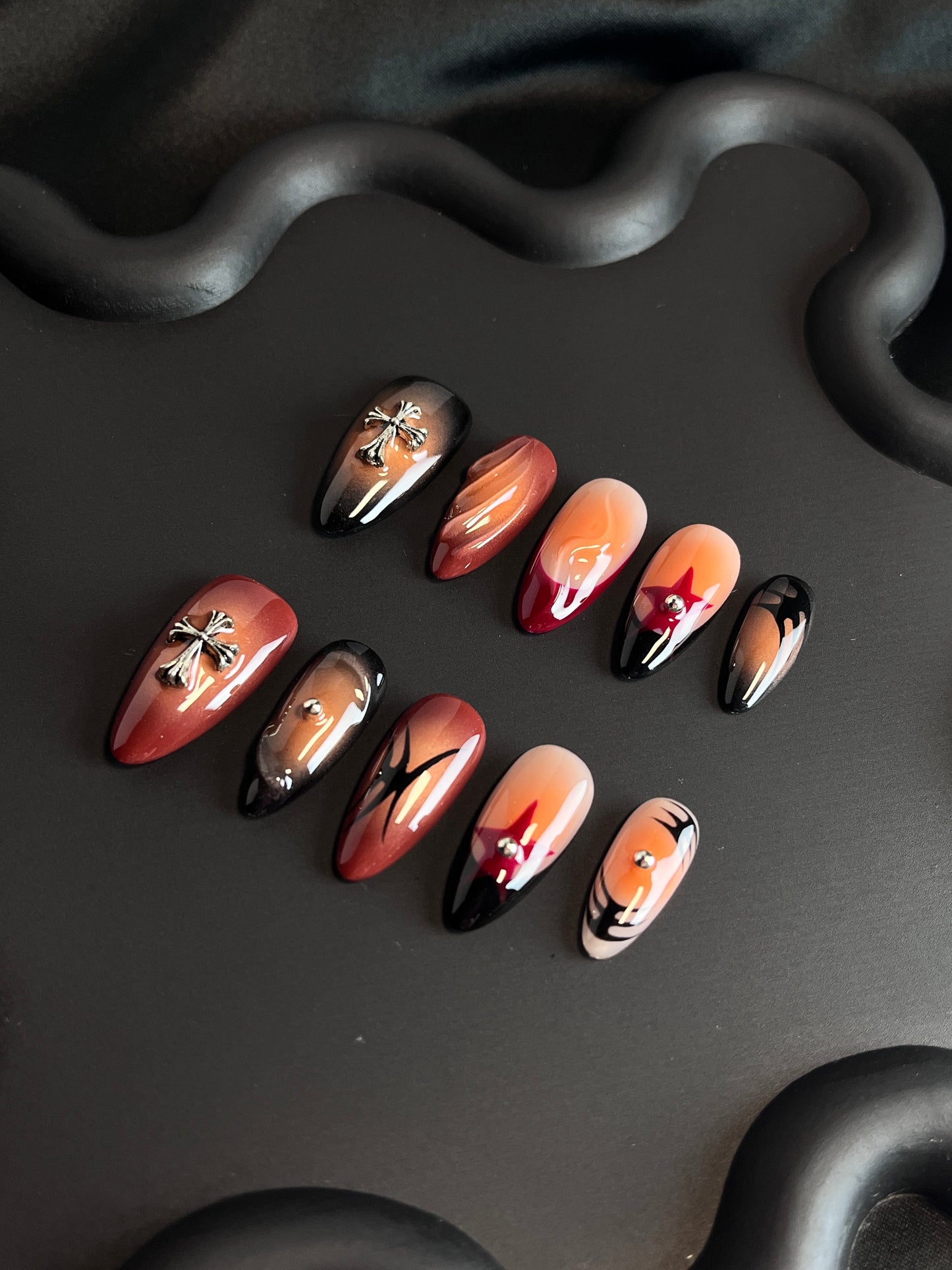 Cross Halloween Almond Orange Ombre Nails