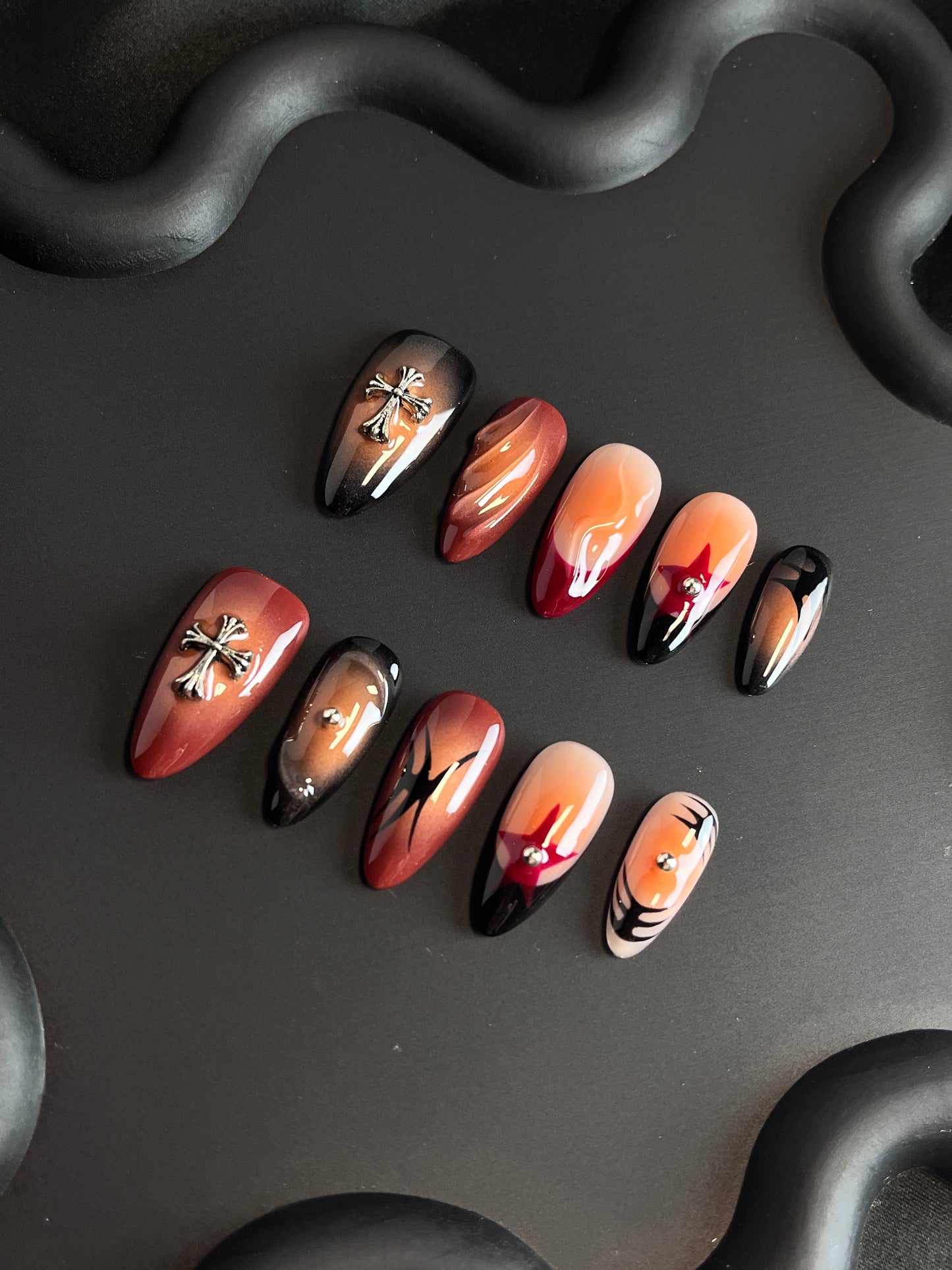 Cross Halloween Almond Orange Ombre Nails