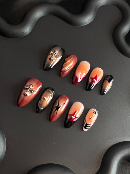 Cross Halloween Almond Orange Ombre Nails