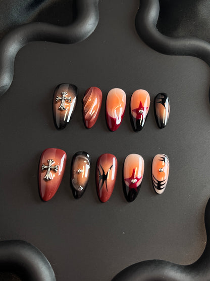 Cross Halloween Almond Orange Ombre Nails