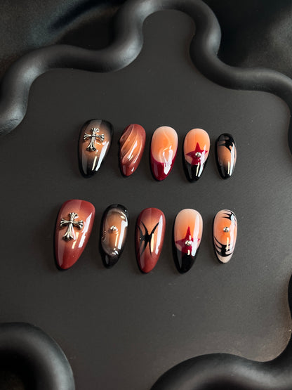 Cross Halloween Almond Orange Ombre Nails