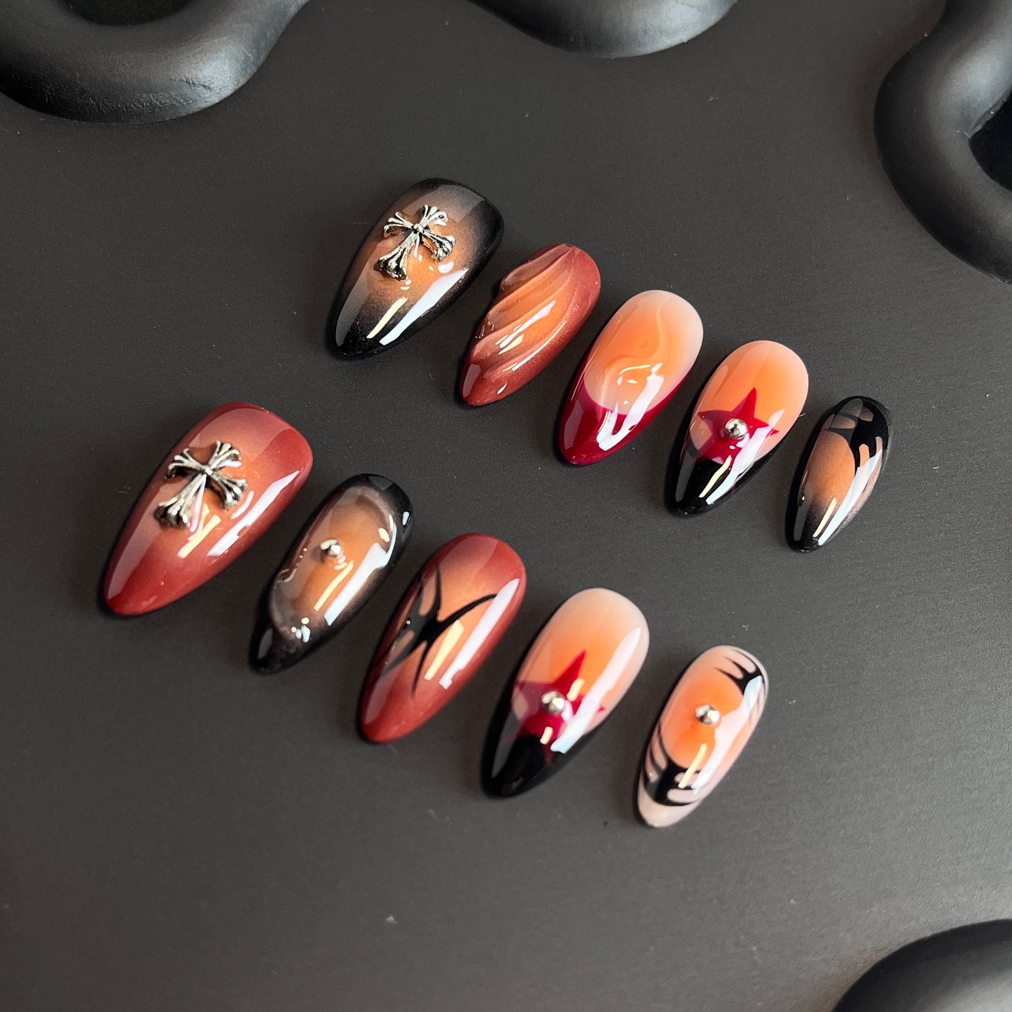 Cross Halloween Almond Orange Ombre Nails