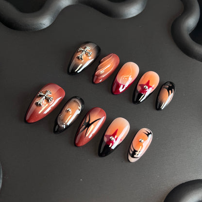 Cross Halloween Almond Orange Ombre Nails