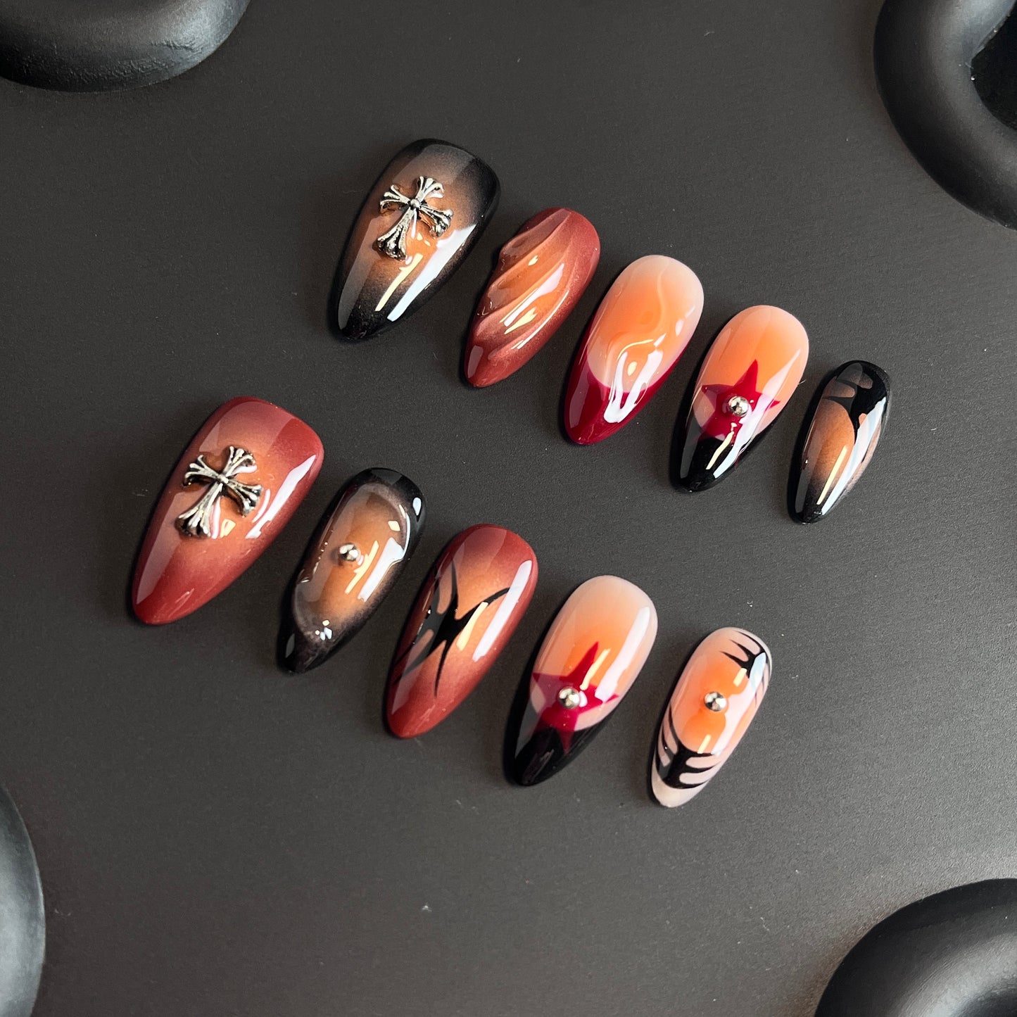 Cross Halloween Almond Orange Ombre Nails