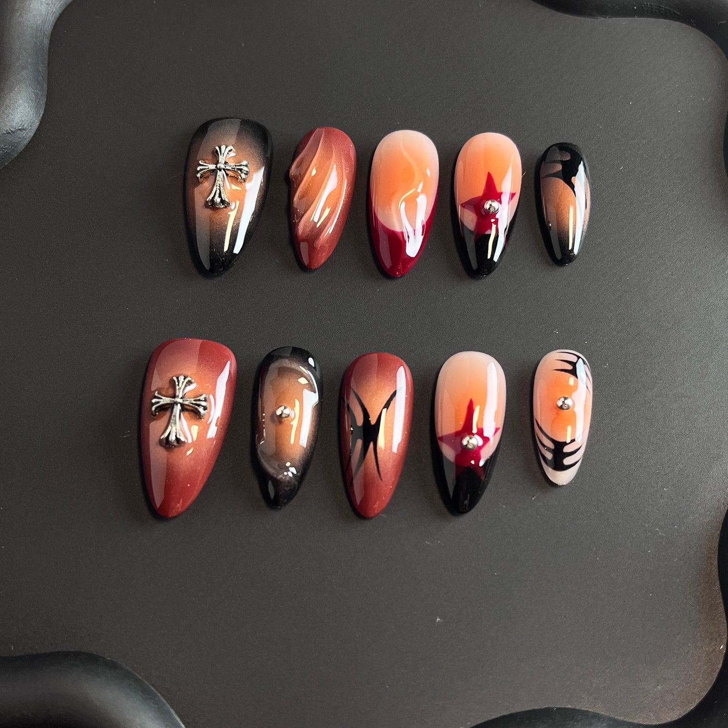 Cross Halloween Almond Orange Ombre Nails