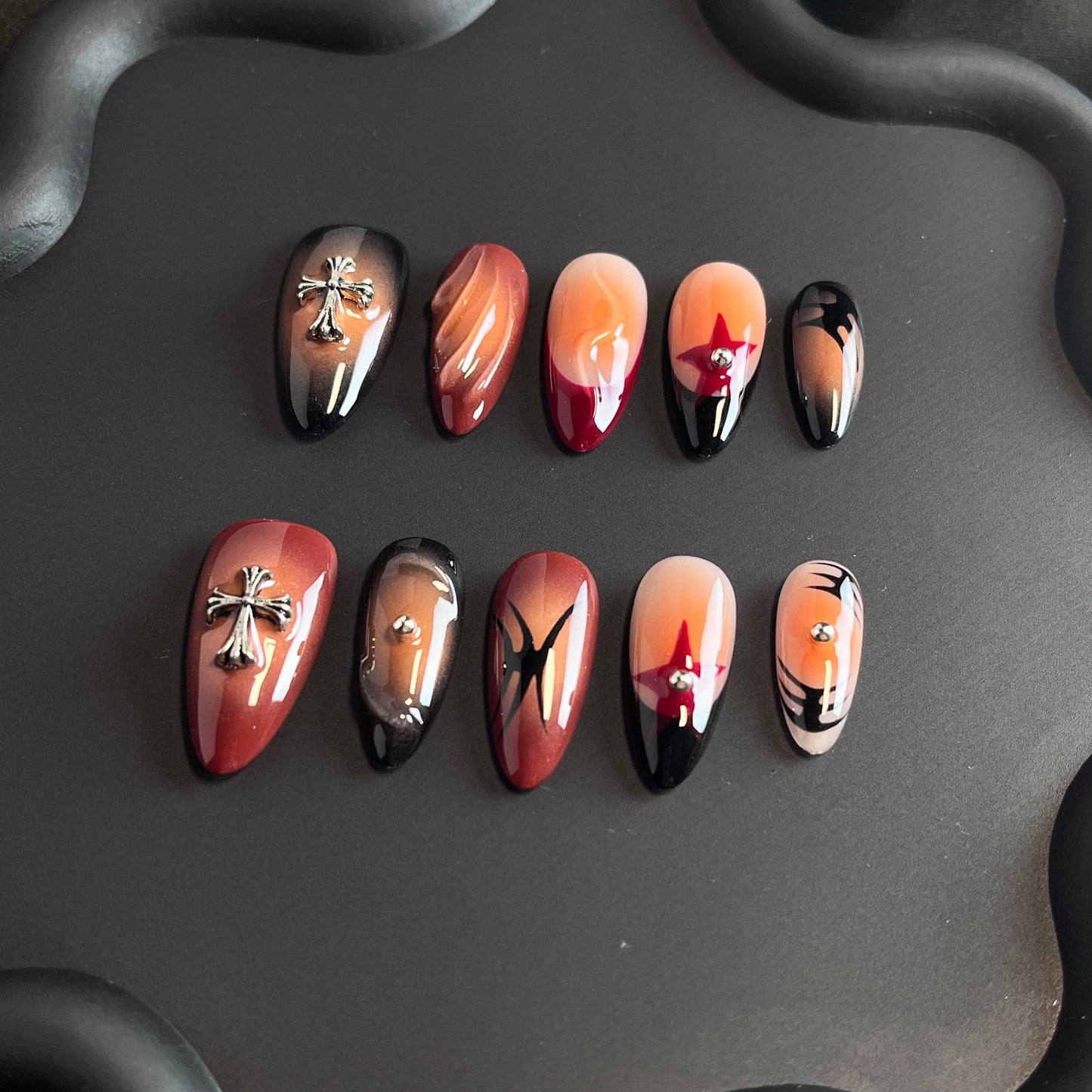 Cross Halloween Almond Orange Ombre Nails