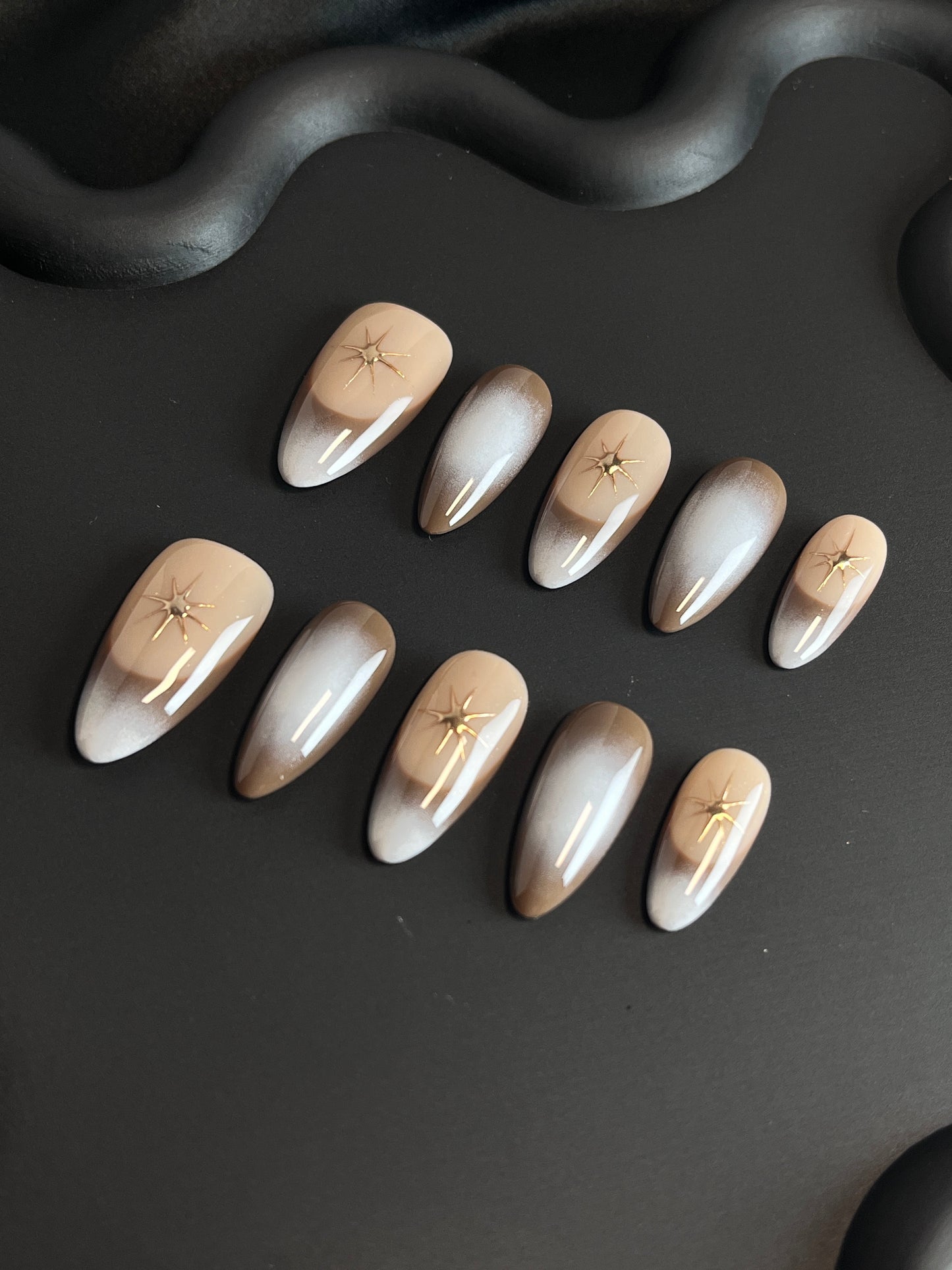 Star Brown French Almond Ombre Nails