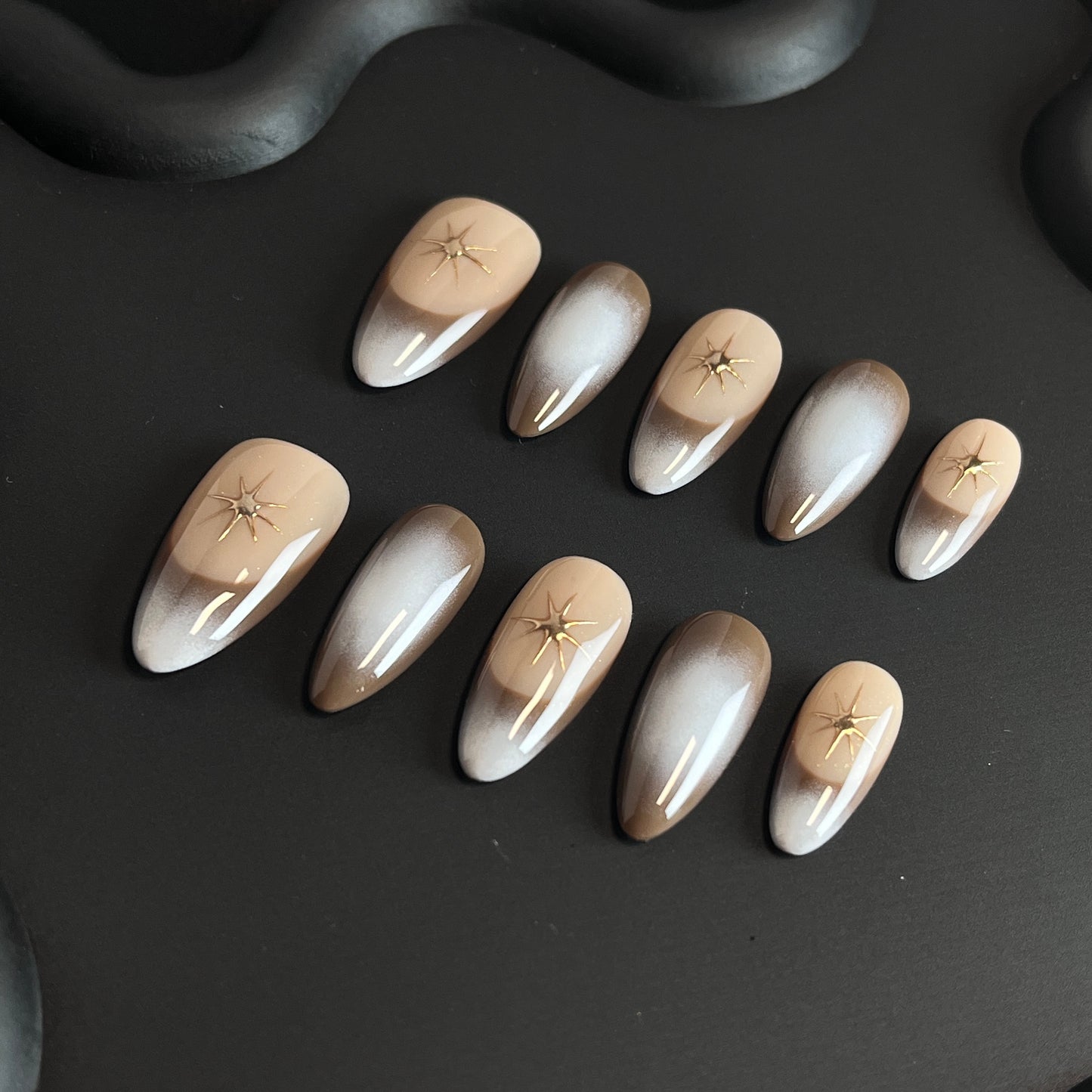 Star Brown French Almond Ombre Nails