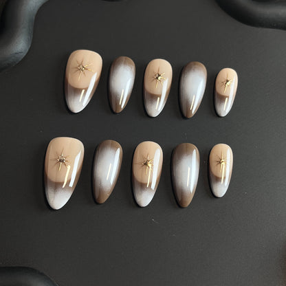 Star Brown French Almond Ombre Nails