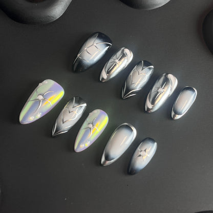 Star Metal Almond Silver Ombre Nails