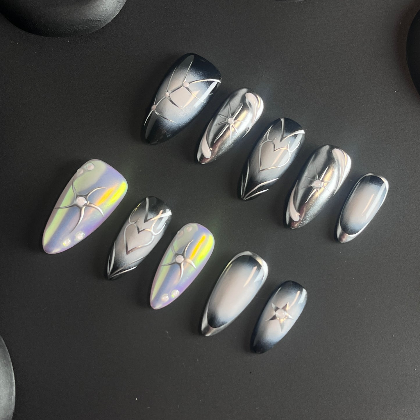 Star Metal Almond Silver Ombre Nails